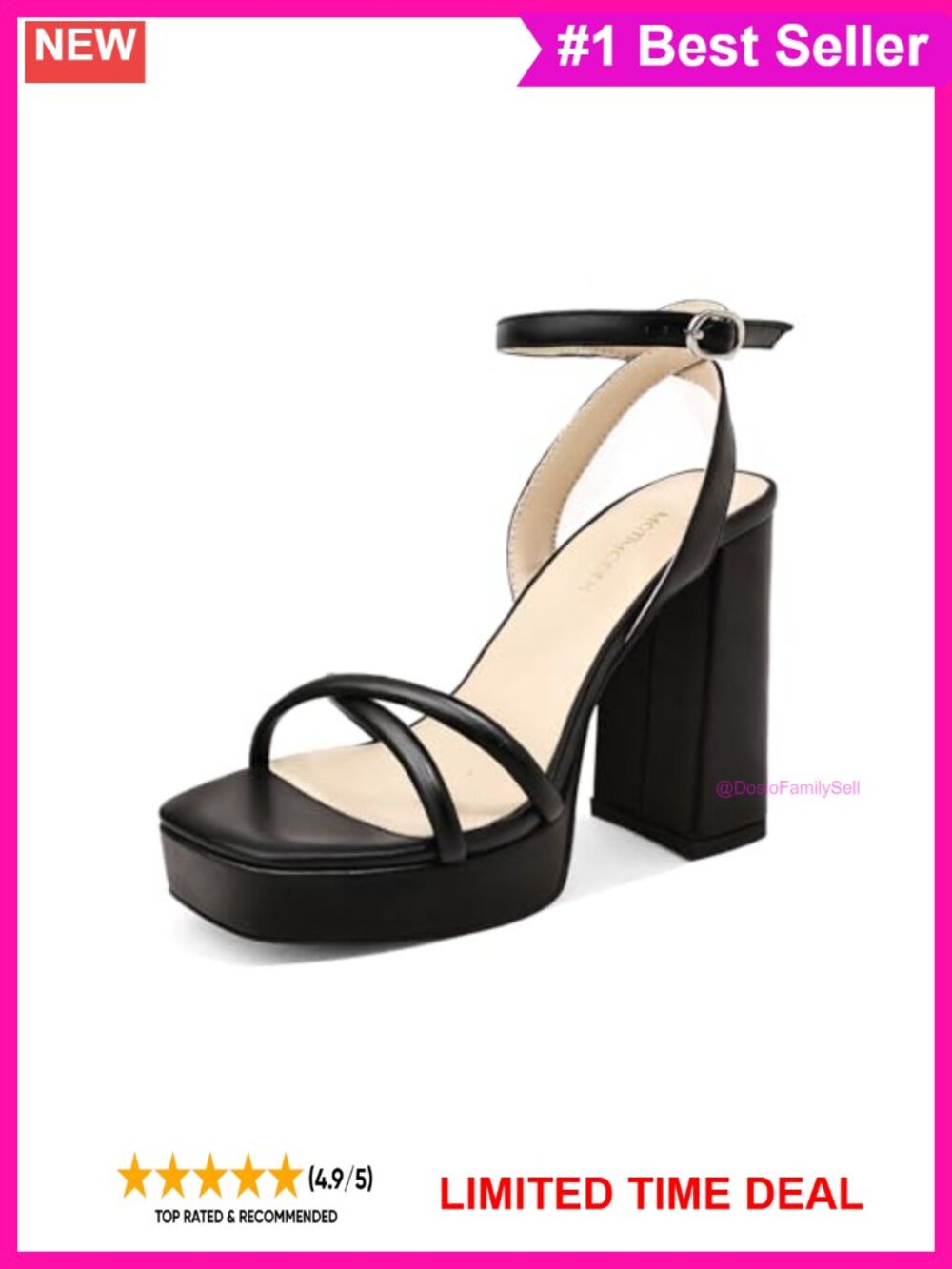 Chunky Platform Heels Square Open Toe Ankle Strap Faux Leather